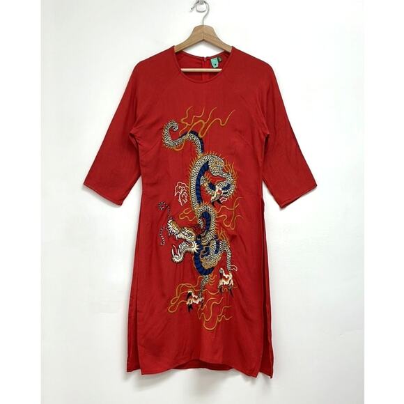 FARM Rio Dragon Embroidered Long-Line Side Slits Raglan Tunic Top - Size P/XS - Picture 1 of 16